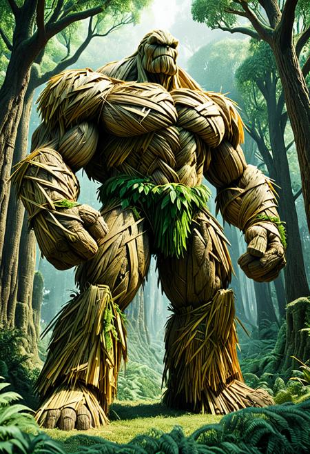 score_9,score_8_up,score_7_up, The image depicts a towering, muscular golem, seemingly composed of straw, entirely made of straw, standing majestically amidst a lush, verdant forest. Its form is robust and imposing, with broad shoulders and powerful limbs, intricately detailed with organic-like straw textures. the view emphasizing the grandeur of the forest guardian. The surrounding environment is in natural light, filtering through the dense canopy, creating a mystical and fantastical atmosphere.  <lora:1:1>
