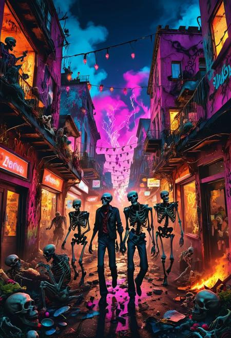 A vivid yet macabre urban celebration in a post-apocalyptic cityscape features (zombies exuberantly dancing beneath pulsating neon lights, with vibrant graffiti adorning decaying walls), (skeletons performing with instruments crafted from bones), (unadulterated creatures accompanied by skeletal companions), all set against a backdrop of swirling smoke and shimmering sparks. The illustration, masterfully executed in a fantastical comic book style, contrasts the bright pinks and electric blues against the dark shadows, capturing the simultaneous horrors and jubilation of the festivities.
