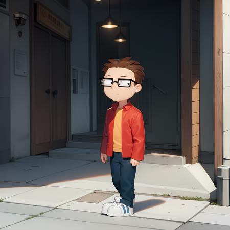 ((masterpiece, best quality)),(complex lighting), 1boy,full body,solo, Steve smith,   <lora:SteveSmith1-10:0.6>,glasses, red jacket, shirt, open clothes,walking, simple background, black eyes