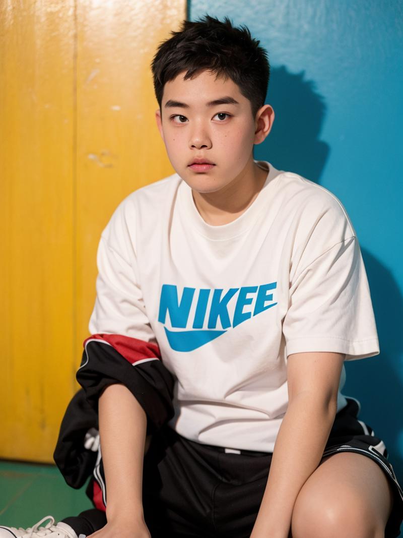 1boy with round face,(differential crushed cap hairstyle),black shorts,nike white socks,small white shoes,white blue t-shi...