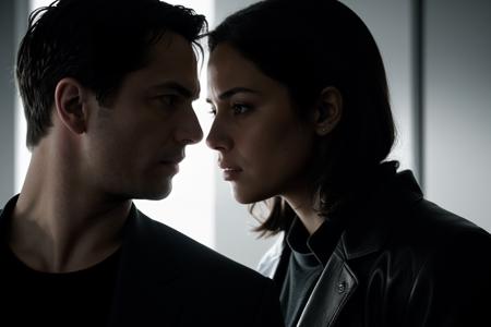 a photorealistic image that reflects the psychological depth and visual complexity of Christopher Nolan's films. Visualize a futuristic interrogation room, where a young Hispanic woman, a detective, is locked in a tense standoff with a suspect. The room is stark and minimalistic, with a single overhead light casting sharp shadows, creating a mood of suspense and isolation. Both characters are portrayed with intense, focused expressions, reflecting the high stakes and cerebral nature of their confrontation. The scene should have a cool, clinical color palette, with blues and greys dominating, and the lighting should be crisp and directional, emphasizing the starkness and the psychological tension. Capture this moment as if through the lens of a high-quality digital camera, with a shallow depth of field to focus tightly on the emotional intensity and the intricate play of light and shadow characteristic of Nolan's cinematic style