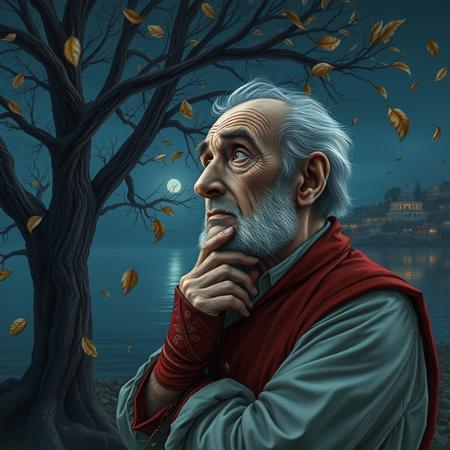 (photorealism:1.5)
1 oldman, full body, thoughtful expression, gazing at the majestic tree, falling leaves,  calm coastal village in the background, night time, pale colors, high contrast, hyper-realistic, serene atmosphere, pensive pose, detailed, high-definition, reflective mood, peaceful setting,
slight freckles, long eyelashes, thick eyebrows, torn pelvic sheer curtain, bridal gauntlets, torn red dress,