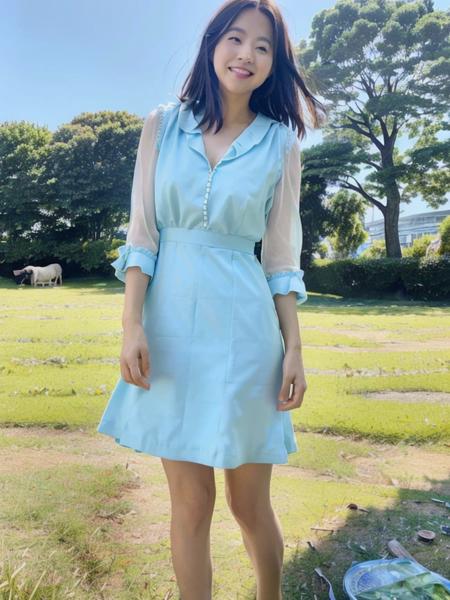 Photo of PBYoung, wearing a light blue dress, standing in a field, detailed face,  <lora:PBYoungtest:1>, (8k, RAW photo, best quality, masterpiece:1.2), (realistic, photo-realistic:1.37), professional lighting, photon mapping, radiosity, physically-based rendering