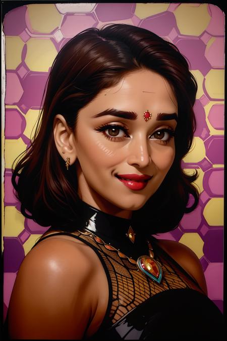 <lora:madhuri-01:1> madhuri dixit,jewelry,smile,  Softbox with a honeycomb grid and colored gel for creative control (Honeycomb Grid with Colored Gel).,sub surface scattering, detailed skin,  Magnificent Vintage Portrait, diane arbus,abstract,