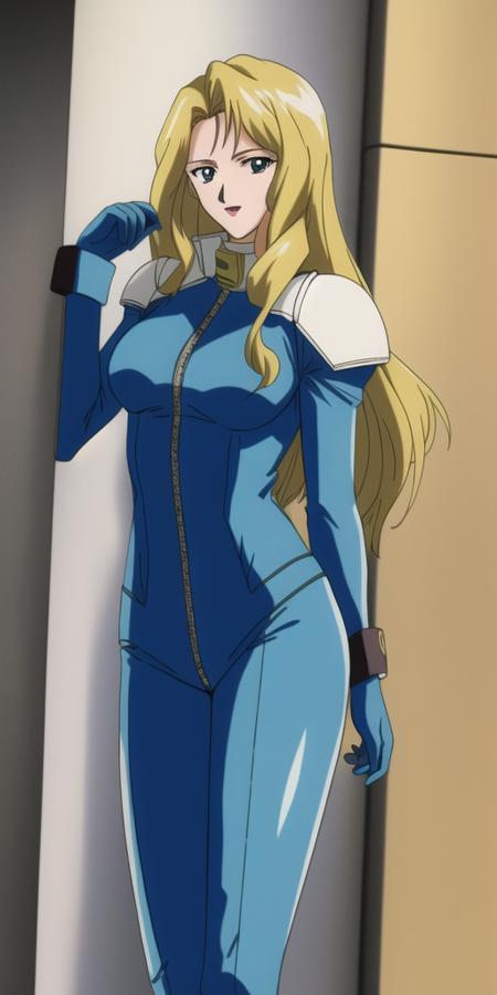 masterpiece, best_quality, highres, <lora:Macross7Rex:0.45>, Macross7Rex, solo, blonde_hair, blue_bikesuit