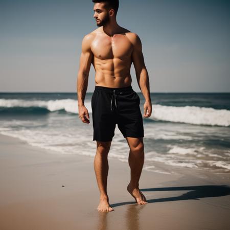 masterpiece photo of a fit male at the beach