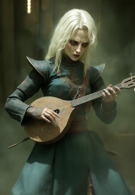 highly detailed and hyper realistic photo, by B. Yeager , by Ivan Bilibin , by Adrian Ghenie , a bleached, a human-like advanced female android , in the style of  mandola art, limited dark palette, unusual dark colors, faded colors, atmospheric haze, highly dramatic cinematic lighting, motion blur, film grain,  professional, excellent composition, finest details, maximized details, ultimate detail level, masterpiece, best quality