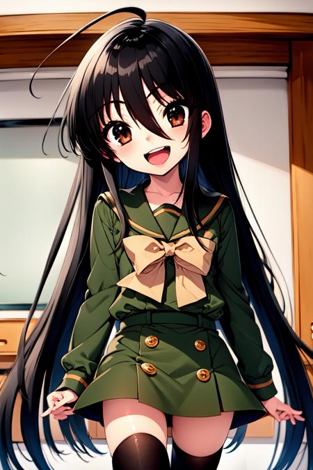 1girl, cowboy shot, classroom, smile, open mouth, 
shana, black eyes, black hair, very long hair, hair between eyes, (ahoge:1.1), , school uniform, serafuku, green shirt, long sleeves, green skirt, thighhighs, <lora:shana_lora_ver1:0.7>, best quality, masterpiece, highres, <lora:GoodHands-vanilla:1>