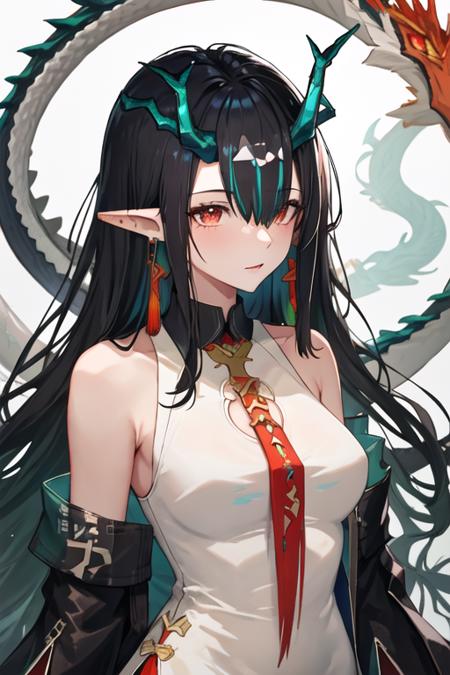 best quality, masterpiece, highres, solo, {dusk_arknights:1.15}, black_hair, horns, long_hair, pointy_ears, dragon_horns, multicolored_hair, jewelry, earrings, red_eyes, sleeveless, colored_skin, streaked_hair, breasts, dragon_girl, necktie, red_necktie, very_long_hair, green_skin, hair_over_one_eye, upper_body, green_hair, tassel_earrings, closed_mouth, 1girl, bangs, bare_shoulders, china_dress, chinese_clothes, dress, medium_breasts, official_alternate_costume, sleeveless_dress, tassel, looking_at_viewer, blue_dress, blue_skin