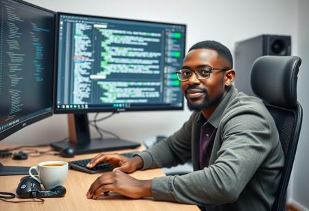 A picture of a light-skinned African Tech guy sitting in front of a desk with large computer monitor sectioned into 4 places with programming on the screen and a cup of coffee on the table, with a beautiful computer mouse and a mechanical keyboard, hyper-realistic 4K