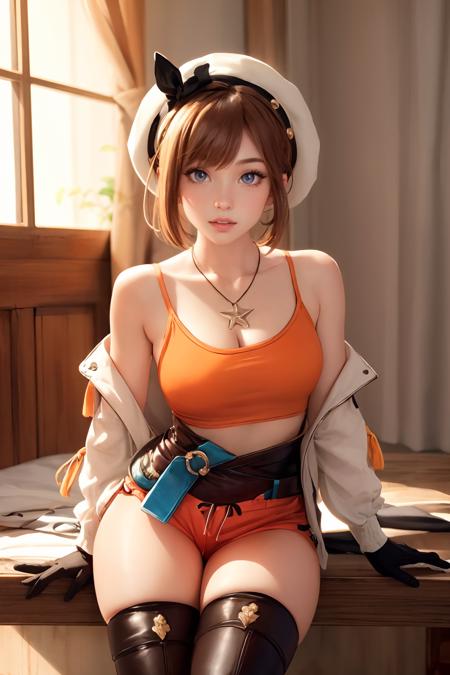 reisalinstout, <lora:ryzatest:1>, reisalin stout, brown hair, hair ornament, hairclip, (orange eyes:1.5), short hair, BREAK beret, brown gloves, cleavage, gloves, hat, jewelry, necklace, red shorts, short shorts, shorts, single glove, star necklace, thighhighs, thighs, white headwear, white thighhighs, BREAK looking at viewer, BREAK city, BREAK <lora:GoodHands-vanilla:1>, (masterpiece:1.2), best quality, high resolution, unity 8k wallpaper, (illustration:0.8), (beautiful detailed eyes:1.6), extremely detailed face, perfect lighting, extremely detailed CG, (perfect hands, perfect anatomy),