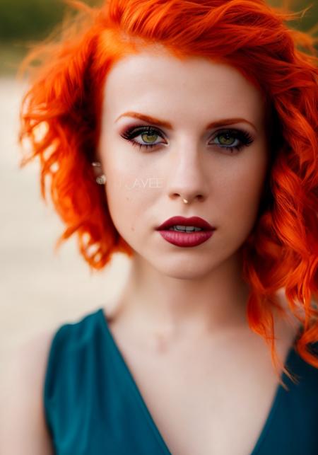 hayley williams (sharp focus:1.2), photo, attractive young woman, (beautiful face:1.1), detailed eyes, luscious lips, (cat eye makeup:0.85), (large eyes:1.0), (toned body:1.2), (curly hair:1.2), wearing (romper:1.2) on a (beach:1.2). (moody lighting:1.2), depth of field, bokeh, 4K, HDR. by (James C. Christensen:1.2|Jeremy Lipking:1.1).