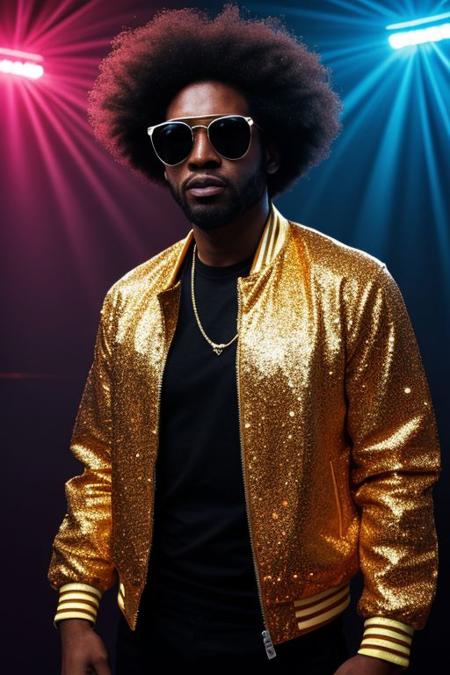 raw photo, upper body, disco, (80s, retro:1.1), dance floor, lasers, rainbow theme, a dancer man, 30 years old, sunglasses, big afro, (manly, wide jaw:1.2), dark skin, sparkly jacket, golden shirt, (vibrant colors:0.9), (muted colors, cinematic, dim colors, soothing tones:1.2