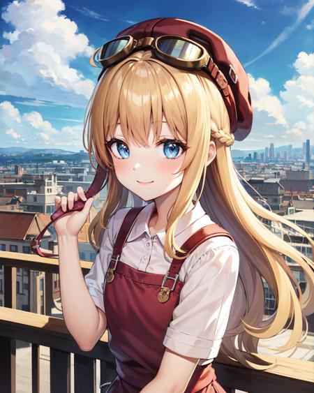 best quality, (masterpiece:1.2), illustration, absurdres,
(1girl), (solo), (beautiful detailed girl), (upper body, portrait), 
<lora:TitaSky-08:0.8>, Tita Russell, blue eyes, blonde hair, long hair, small breasts, flat chest, petite,
red hat, headwear, goggles on headwear, pink shirt, red apron, pink shorts, black pantyhose, red shoes,
smile, blush, looking at viewer,
day, on balcony, city lights, sky, clouds, sun, overlooking city,