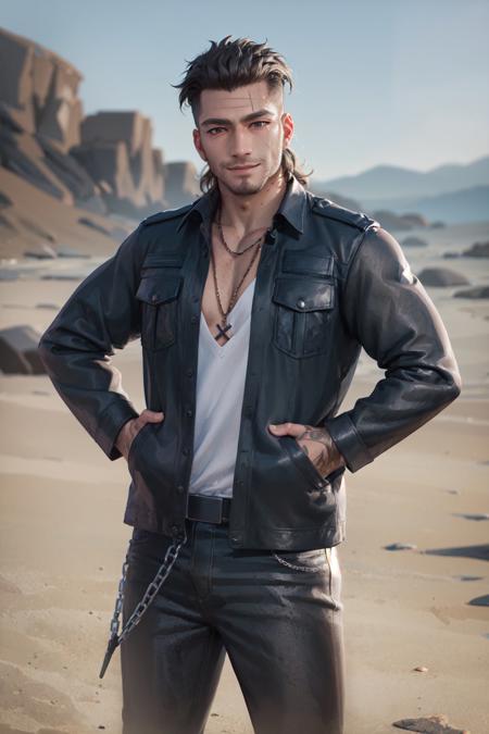 (masterpiece, best quality:1.2), <lora:ffxv_amicitia-11:1>, cowboy shot, solo, male focus, 1boy, gladiolus amicitia, muscular male, pectorals, arm tattoo, smile, closed mouth, looking at viewer, hands on hips, hair slicked back, scar across eye, jacket, black pants, necklace