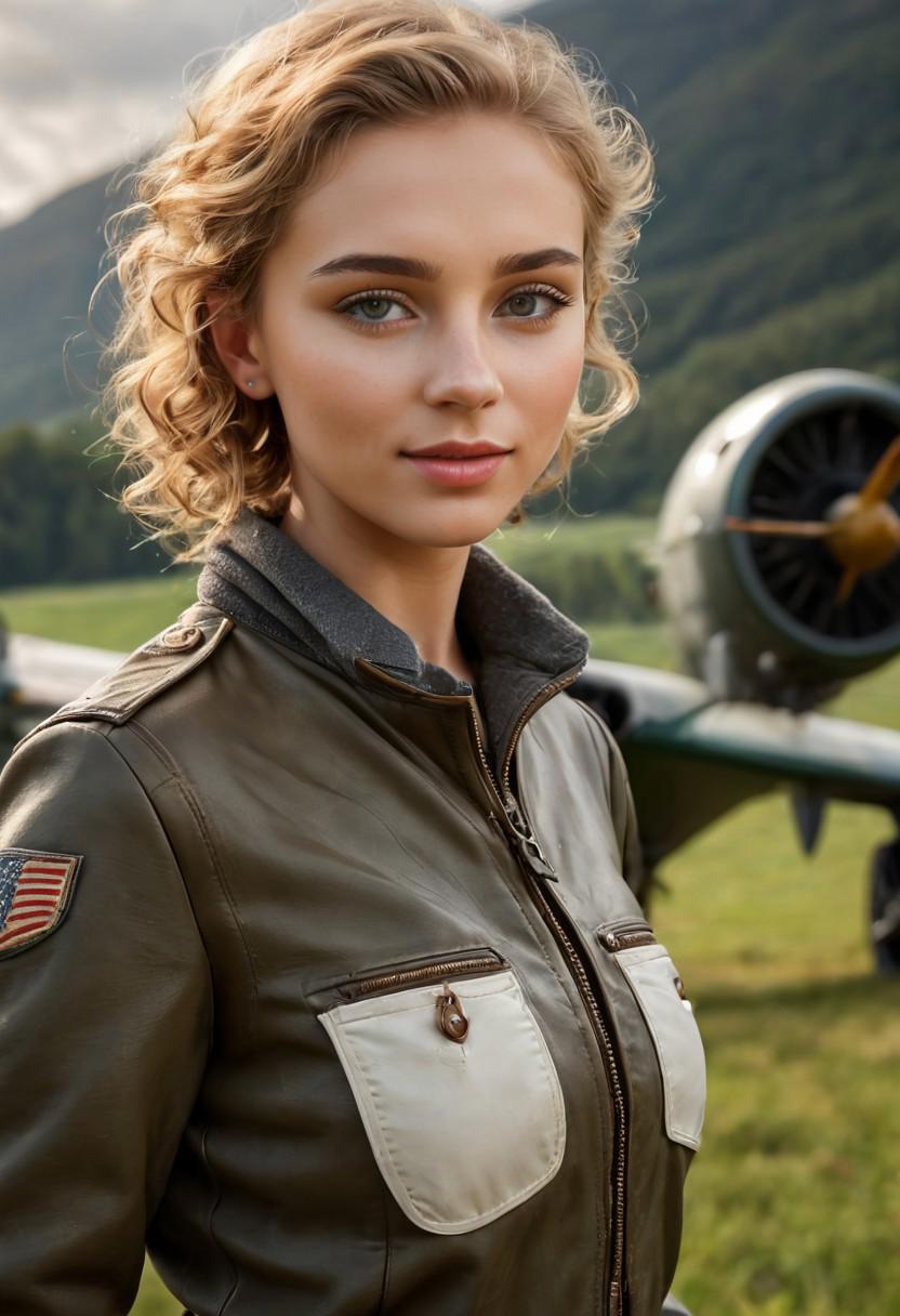 masterpiece, best quality, (colorful), cinematic lighting, realistic, dynamic pose, extremely detailed, beautiful detailed face
aprofessional portrait photo of  a radiant young woman with short and curly blond  hair, she is an intrepid pilot posing besides her de Havilland Dormouse biplane, gentle smile , donning pilot cloths, stands proudly, vibrant atmosphere, full-bodied figure, extremely detailed plane, extremely detailed green flat grass runway, style of the 1920s, pilot goggles, pilot cap, pilot jacket and trousers, heavy leather gauntlets,
 freckles, (moles:0.5, skin blemishes:0.7, blush), (natural detailed skin texture:1.3), solo, smile looking at viewer, (looking at viewer, extremely detailed face, beautiful eyes, detailed eyes, symmetric eyes, open eyes, seductive eyes, big eyes, slim face:1.2), smirk, (eyeshadow, makeup:1.3),perfect white teeth, (white teeth), eye catching, sharp, volumetric light, subsurface scattering, remarkable color, ultra realistic, textured skin, remarkable detailed pupils, realistic dull skin noise, visible skin detail, skin fuzz, dry skin, bokeh, sharp focus on subject