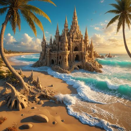high definition, cinematic film still. a majestic, intricately designed sandcastle, with towering spires and grand arches, stands precariously on the shoreline as the turquoise ocean waves surge past eroding the structure, causing parts of it to crumble and fall into the foamy surf. Palm trees, sand dunes, rocks, driftwood, golden light of the setting sun casting long shadows across the wet sand.