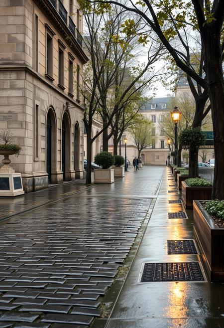 A beautifully lit and composed professional photograph in paris on the Port de Montebello along the river seine, wet cobblestones, high resolution, early morning rain, weathered limestone and wood, fine details of plants and trees, ultra realistic modern day scene,