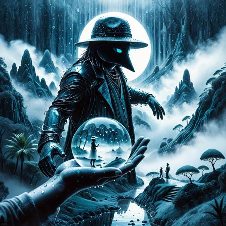 Fractangles, made out of fractangles, Studio Ghibli Dark Fairytale,
The image shows a large hand, the outline of which is blurred and superimposed on a foggy background, creating a surreal and dreamlike atmosphere. The hand is transparent, allowing you to see through it a human figure walking on a hill within the palm of your hand. The figure appears to be wearing a hat, and it is positioned in the center of the hand, creating a sense of scale and perspective. The background is a mixture of fog and water droplets, which gives the scene an unearthly quality. The hand seems to say goodbye to the figure. The overall color scheme is monochrome, with a predominance of shades of gray, enhancing the mysterious and contemplative mood of the image.