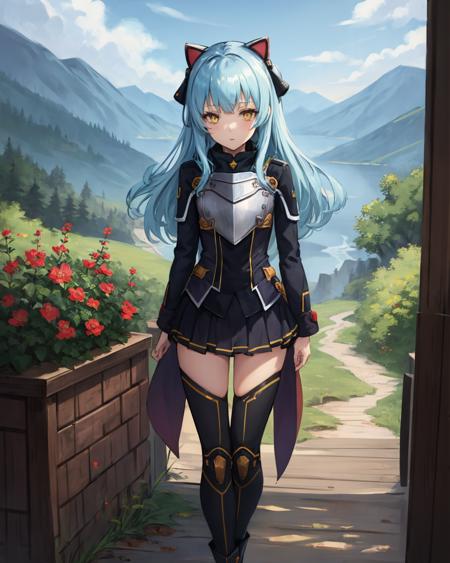 best quality, (masterpiece:1.2), illustration, absurdres,
(1girl, solo), (beautiful detailed girl),
<lora:TioZero:0.9>,  Tio Plato, yellow eyes, aqua hair, long hair, two side up, small breasts, 
fake animal ears, 
black dress, breastplate,  pleated skirt, black thighhighs, grey boots,
looking at viewer, 
magical forest, flowers, distant mountains, sky, clouds,
((arms behind back)), from above