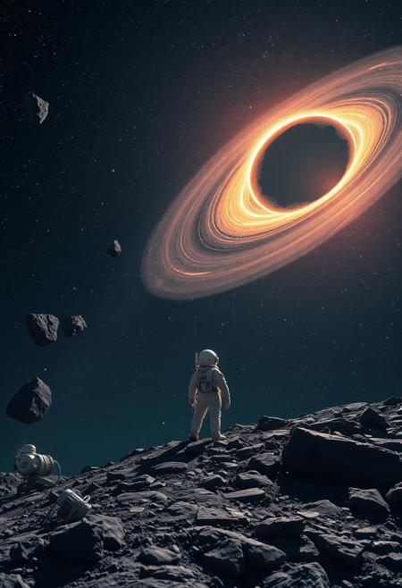 a stunning cosmic scene with a vibrant event horizon of a black hole at the center, surrounded by stars against the dark backdrop of space. In the foreground, there are floating rocks and debris. On a rocky surface in the lower part of the image, an astronaut is looking towards the blackhole. The astronaut is accompanied by various pieces of equipment and technology scattered around.