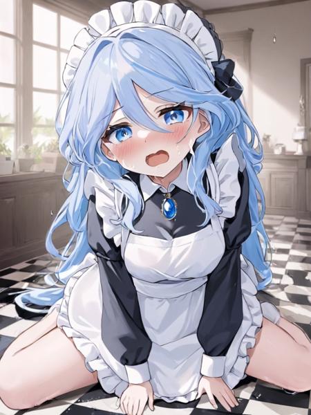 <lora:èå®å¨:1>,1girl, solo, apron, maid, long_sleeves, long_hair, maid_headdress, blue_eyes, puffy_sleeves, blush, looking_at_viewer, indoors, open_mouth, very_long_hair, black_dress, hair_between_eyes, frills, maid_apron, juliet_sleeves, blue_hair, bangs, dress, ahoge, frilled_apron, white_apron, tears, brooch, enmaided, crying, alternate_costume, breasts, jewelry, checkered_floor, sitting