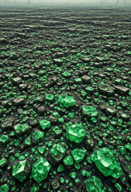 A vast, unsettling industrial landscape photographed in Gursky's signature ultra-high-resolution, large-format style, showing an endless expanse of toxic crystalline formations. The scene captures hundreds of jade-like toxic crystal structures emerging from contaminated soil, their translucent green surfaces catching and refracting light in an eerily beautiful way. The composition employs Gursky's characteristic elevated perspective and flattened depth of field, creating a pattern-like repetition that stretches to the horizon. Toxic pools of luminescent green liquid separate the crystal formations, their surfaces reflecting a sickly glow into the hazy atmosphere. Industrial structures and abandoned chemical tanks dot the background, their rusty surfaces contrasting with the pristine, geometric forms of the waste crystals. The photograph maintains hyper-realistic detail throughout, with every crystal facet and toxic droplet rendered in sharp focus. The color palette centers on various shades of toxic green, from deep emerald to sickly chartreuse, with undertones of industrial grays and browns. Natural light filters through a chemical haze, creating an otherworldly atmosphere.