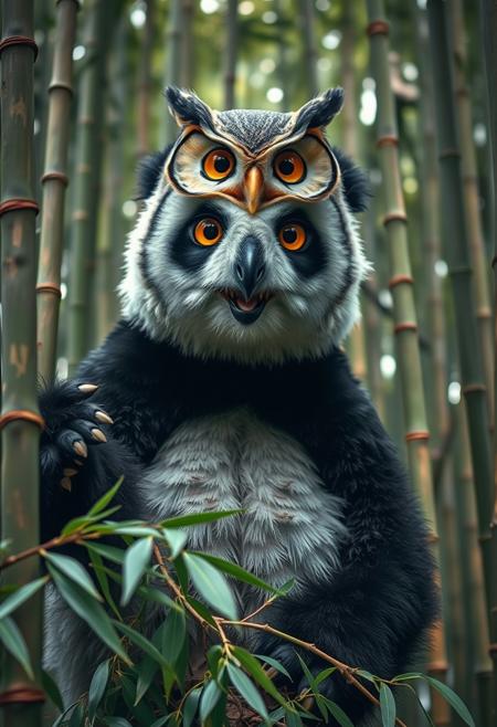 A wide angle shot of a hybrid creature with the body of a big (panda:2) bear and the head of an (owl:1), perched in a bamboo forest, frontview, the creature has the panda's distinctive black and white fur and the owl's large, expressive eyes, ultra detailed, high resolution, photorealistic, cinematic, and 4k, high quality, masterpiece