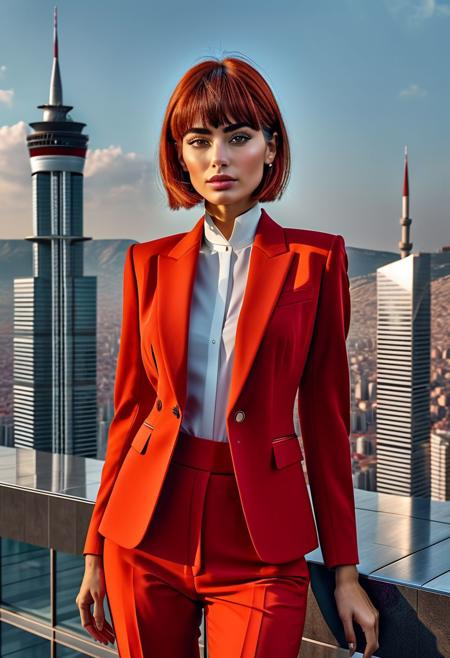 (photorealistic:1.8), (ultra realistic:1.7). (instagram influencer photo:1.8).score_9, score_8_up, score_7_up, 2024 fashion trendsetter style, (turkish stocky woman:1.9), (fleshy cheeks:1.7).(red colored short hair:1.5). pale skin. (her height is 165 centimeters:1.6) . (her weight 65 kilos:1.5). (brown eyes:1.6). (slim waist:1.7). (wide hips:1.9). (short blunt hair with bangs:1.5). turkish architect woman. full body photo. hyper realistic skin. (Wearing plain and solid colored business suits:1.7). Overall Detail, luxury modern on the roof of the skyscraper environment in the background. fantasy, perfect face and eyes, hyper realistic skin. hyper-detailed hypermaximalist dynamic style