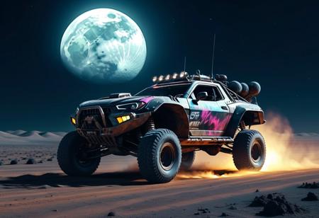 madmax ciberpunk offroad style sport car in the night on the moon, runnning high speed, lasers, guns, masterpiece, 4k, high details