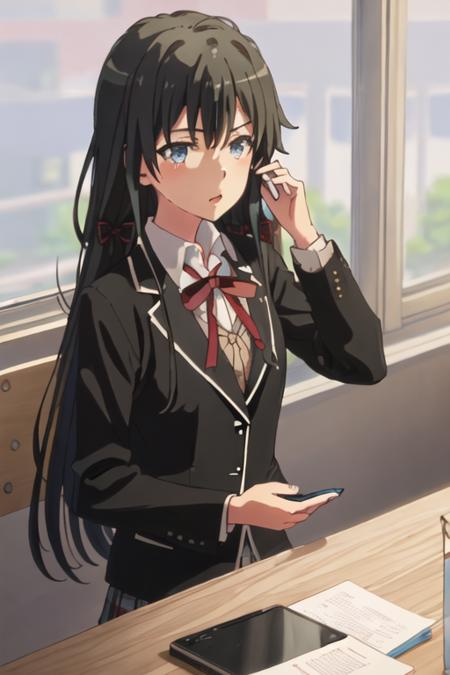 best quality, masterpiece, highres, solo, {yukino_yukinoshita_yahariorenoseishunlovecomewamachigatteiru:1.15}, long_hair, black_hair, ribbon, blue_eyes, hair_ribbon, blazer, 1girl, head_out_of_frame, red_ribbon, school_uniform, shirt, white_shirt