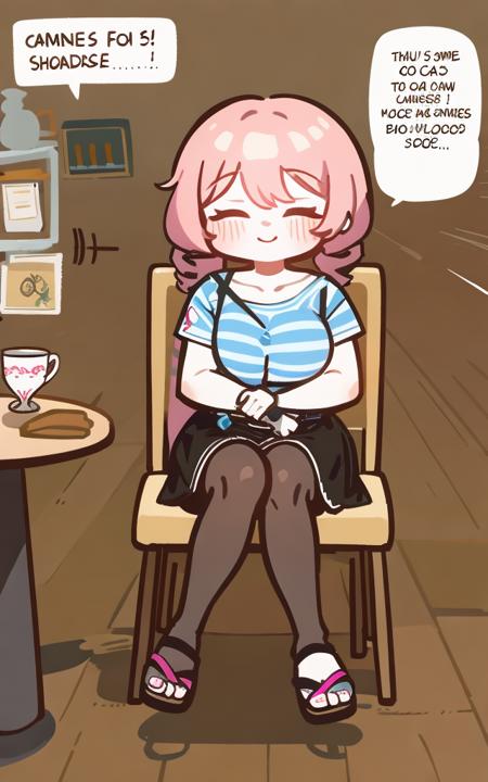 1girl, pantyhose, crossed arms, skirt, crossed legs, sitting, shirt, closed eyes, chair, striped shirt, striped, bag, pink hair, teacup, cup, drill hair, black skirt, table, long hair, smile, solo, sandals, black pantyhose, blush, brown footwear, full body, english text, collarbone, pleated skirt, short sleeves, handbag, hair between eyes, miniskirt, bangs, saucer, solo focus, shoulder bag, closed mouth, <lora:CoconutCorn-10:1>,chibi