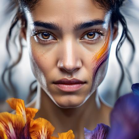 <lora:sofiaboutella_sdxl_lora_256_bf16_19:1> sofiaboutella  beautiful woman,(A captivating close up portrait of a woman's face, as the iris is captured with a fast shutter speed and the pupil is tightly focused. The iris is drawn in a shallow depth of field, emphasizing the woman's form and the vibrant colors of her dress. Subtle, detailed details such as the outline of the iris and the contours of her face are captured in vibrant, macro photography. fast shutter speed, telephoto lens, natural light