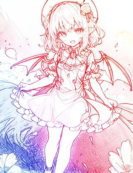 + (Remilia Scarlet: 1.4), (Masterpiece), (best quality), soft light, warm color, ((Super detail)), (illustration), (extremely delicate and beautiful), dynamic Angle, float, (beautiful detail eyes), (Detail Light), 1 girl
Hat, Solo, gems, frilly, ribbon, clean legs, 12 year old girl, cute little leather shoes, bow, bangs, shirt, skirt, big red bow on back, nails, standing, red eyes, short sleeves, open mouth, puffy sleeves, silver hair, pointed ears, puffy short sleeves, looking at the audience, (White frilly nightcap :1.3), short hair, Light pink dress, red nails, red tie, floral background, romantic background, ++(little devil wings on hips)++
<lora:colorline1111-000011:1>