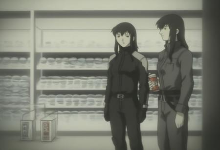 masterpiece, best quality, amazing quality, absurdres, kirima nagi, black bikesuit, belt, pants, muted color, store, beverages,