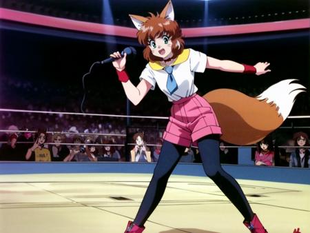 1girl, solo, KotoCzar, (fox ears, small tail, auburn hair, whiskers, whisker markings), (pink shorts, choker, wristband, pink_shorts, black pantyhose, white shirt, yellow shirt collar, blue necktie), (full body, standing, microphone, announcer, arena, crowd, fighting ring), (masterpiece:1.2), hires, ultra-high resolution, 8K, high quality, (sharp focus:1.2), clean, crisp, cinematic,<lora:Koto-v1:0.7>