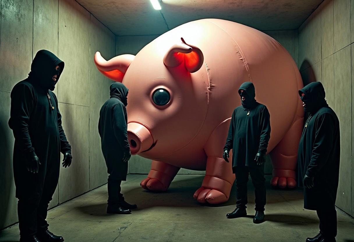 a frame from a surrealist movie with five people, they are divers in style, most of the scenery is occupied by a gigantic inflatable pig, they are dressed in a divers dystopian creepy physical augmentations, one is hooded and has a gaz mask, another one seems enlightened and is the only light of the scene, three have their back turned in a corner of the scene , dark creepy horror basement