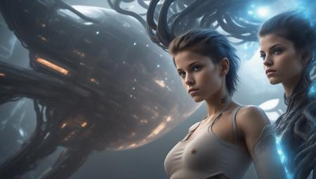 stunning view of a strong 13 year old preteen tomboy xenomorph with tentacles wearing cloth bandage wraps Eve online  Warframe  Total Recall  Minority report 
Contact,   looking  over a star-ship or space ship hanger
 strong muscular  (muscle striations bodybuilder) body showing off her visible (super-flat toned defined chiseled ripped abs),  hair tattoos multicolored dyed shaved sides hairstyles, ((glowy blue burning eyes)) magical,
majestic colourful mist,  hair tattoos, inside of futuristic split level, white, space age space station orbiting a gas giant with many moons in an oval room relaxing and large rounded windows in a hot tub
IMAGINE THE WHOLE SCENE AS IF 800 YEARS IN THE FUTURE doing something interesting, hammerpede, STEAMY, GOD RAYS, FLOOD LIGHTING GEIGER
 ,4k, photorealism,  
(((teenage Missy Peregrym )))