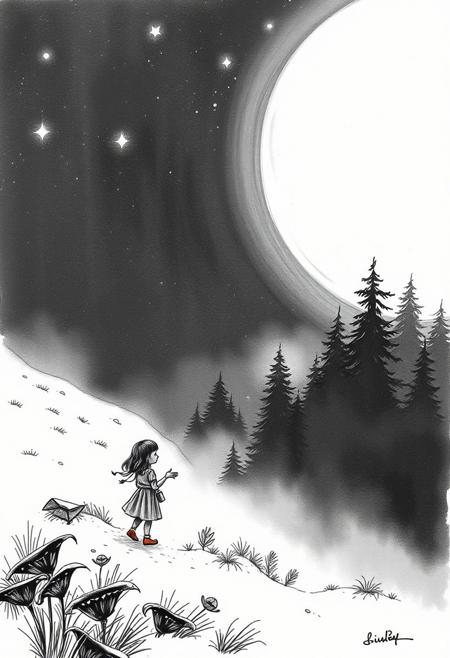 Soft dreamy atmosphere, classic black and white hand-drawn sketch, whimsical storytelling illustrated with expressive ink outlines, vast dreamy landscapes featuring soft glowing highlights and deep cinematic shadows. Nostalgic yet mysterious, surreal twilight ambiance evokes playful melancholic emotions. Dynamic character gestures within detailed minimalist compositions, impressionistic textures, misty forests, starry night skies, and a contrast of light and darkness. Rough lines, textured pencil strokes on a white background, timeless and elegant hazy soft light. Childlike wonder and contemplative solitude conveyed through the environment, a fusion of comic illustration and atmospheric photography.