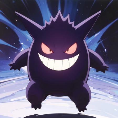 ((masterpiece,best quality)), absurdres,
<lora:Gengar_Pokemon_v2_Anime:0.7>, Gengar_Pokemon,  no humans, pokemon \(creature\),
solo, smiling, looking at viewer, 
purple theme, cinematic composition,