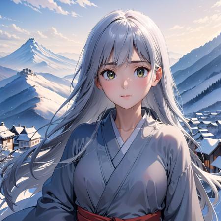 (((masterpiece))), (((best quality))), ((ultra-detailed)), (cinematic lighting), (illustration), (beautiful detailed eyes), (1woman), upper body, looking at viewer, depth of field, ghibli, hayao miyazaki, (robes:1.1), silver hair, (silver eyes:1.2), mountains, snow, (eye focus:1.3), small breasts, (long hair:1.1),  <lora:AnyLoraCleanLinearMix:1>