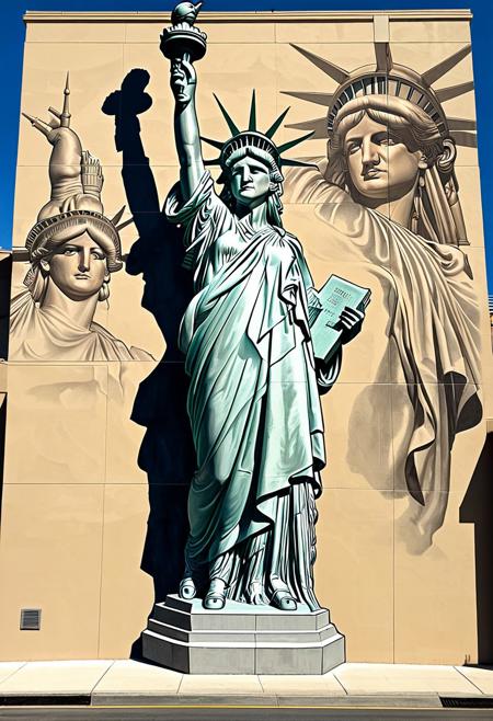 masterpiece art, tall highrise housing, the projects highrise, front view of beige color flat concrete wall with (colossal mural painted on wall:2.0), (hyper realistic painting of the Statue of Liberty also known as Lady Liberty:2.0), she is standing tall, wearing a her famous robe with beatiful intricate creases, though this image of her has been modified with alterations, she has black gaffer tape or black duct tape covering her eyes (see no evil), she has placed her beautiful hands with elegant fingers covering her ears on either side of head (hear no evil), she has black gaffer tape or black duct tape covering her mouth so she cannot speak (speak no evil), 2 feet visble, she has dropped the torch and the torch has fallen outside of the wall and onto the street below, the famous Liberty torch with a short handle is lying on it's side on the ground, surrounding the fallen torch are cracks in the street, with long shadows casted. ArsMJStyle, Colored pencil hyperdetailed realism, in the style of tim doyle,  solarizing master, agustín fernández, poster art, Smooth Quality