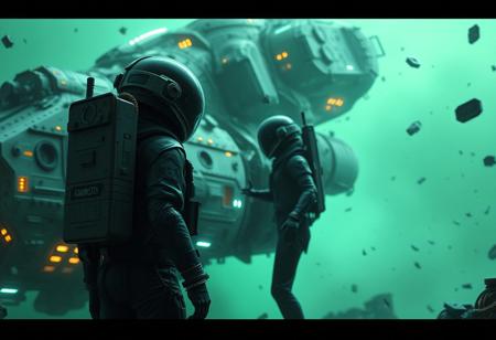 A cinematic shot of an alien astronaut in a vibrant metallic black spacesuit standing in the foreground, with a massive, spacecraft as the backdrop. The spacecraft is adorned with numerous lights, windows, and technical details. The astronaut's suit is equipped with various gadgets and patches. The atmosphere is filled with floating debris and a hazy chartreuse glow