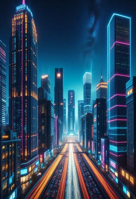 score_9, score_8_up, score_7_up, very detailed background, intricate details, detailed,
colorful LED lights, (a futuristic world with a towering skyscraper at the center of a vast cyberpunk cityscape, LED lights illuminate and brighten the city and the skyscraper), (a majestic night sky in the background frames the scene), 
beautiful night sky, star filled night sky, night time, LED lights on buildings, city, cityscape, futuristic city, cyberpunk city, futuristic skyscraper, LED covered skyscraper,
