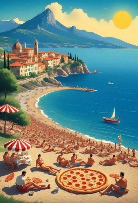 A vintage Poster for the italia Adria, with a beautiful small village directly at the sea shore, people laying on shore to sun bath, and the local Pizza baker ptaising his Pizza