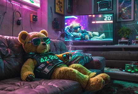 A child's sci-fi cyberpunk teddybear is slumped on a couch watching the TV. The teddybear is wearing sunglasses and smoking a join. On the TV is the 420 channel. The room has a sci-fi cyberpunk aesthetic. The image has a colorful cyberpunk scifi aesthetic. Award winning photography in the style of National Geographic.