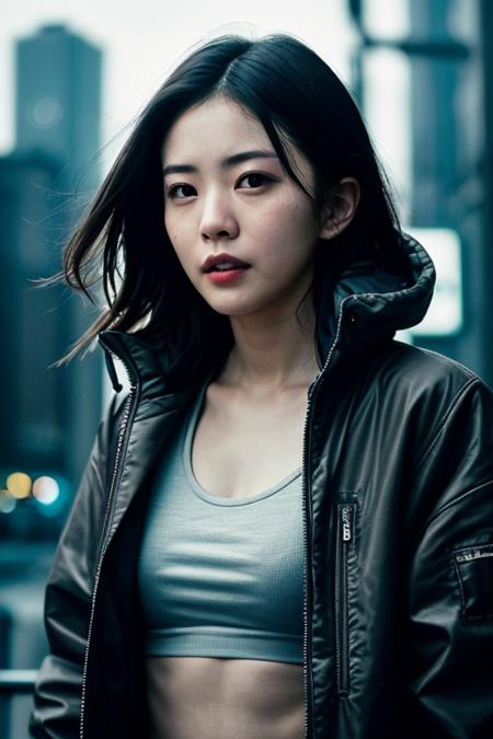 masterpiece, best quality, japanese actress, wearing cyberpunk jacket, photorealistic, upperbody, low lighting, big city, RAW PHOTOGRAPHY, attractive face