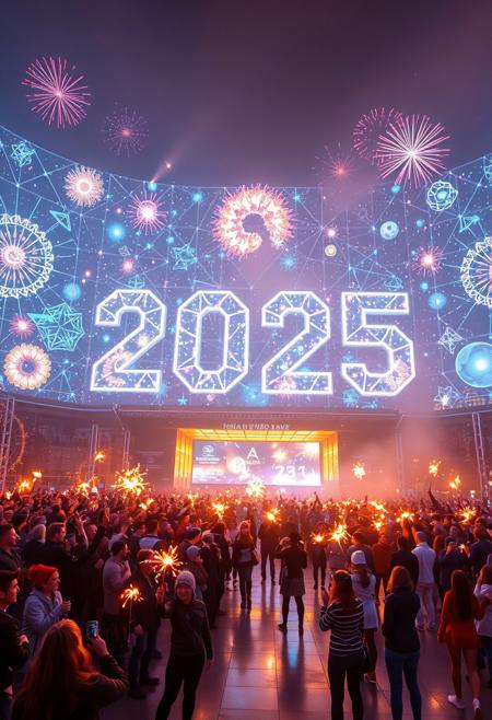 A futuristic New Year's celebration centered on a breathtaking holographic show. The scene captures a vast urban plaza with a colossal holographic projection of '2025,' surrounded by dazzling, animated visuals such as swirling galaxies, fireworks, and intricate geometric designs. The holograms extend high into the sky, blending seamlessly with the city's skyline. Below, a captivated crowd glows in the light of the holographic spectacle, with people holding sparklers and wearing futuristic attire. Performers in illuminated costumes interact dynamically with the holograms, creating a vibrant, immersive atmosphere that combines cutting-edge technology with celebratory energy.