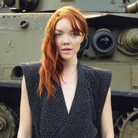 <lora:nicolelaliberte_xl_lora:1> nicolelaliberte (low angle, headshot:1.2) photo of woman, she is wearing sukajan , her hair is styled as wet look hair, BREAK she is (standing on top of a Sherman tank:1.1), direct flash photography, Voigtlnder Nokton 50mm f1.1 ,