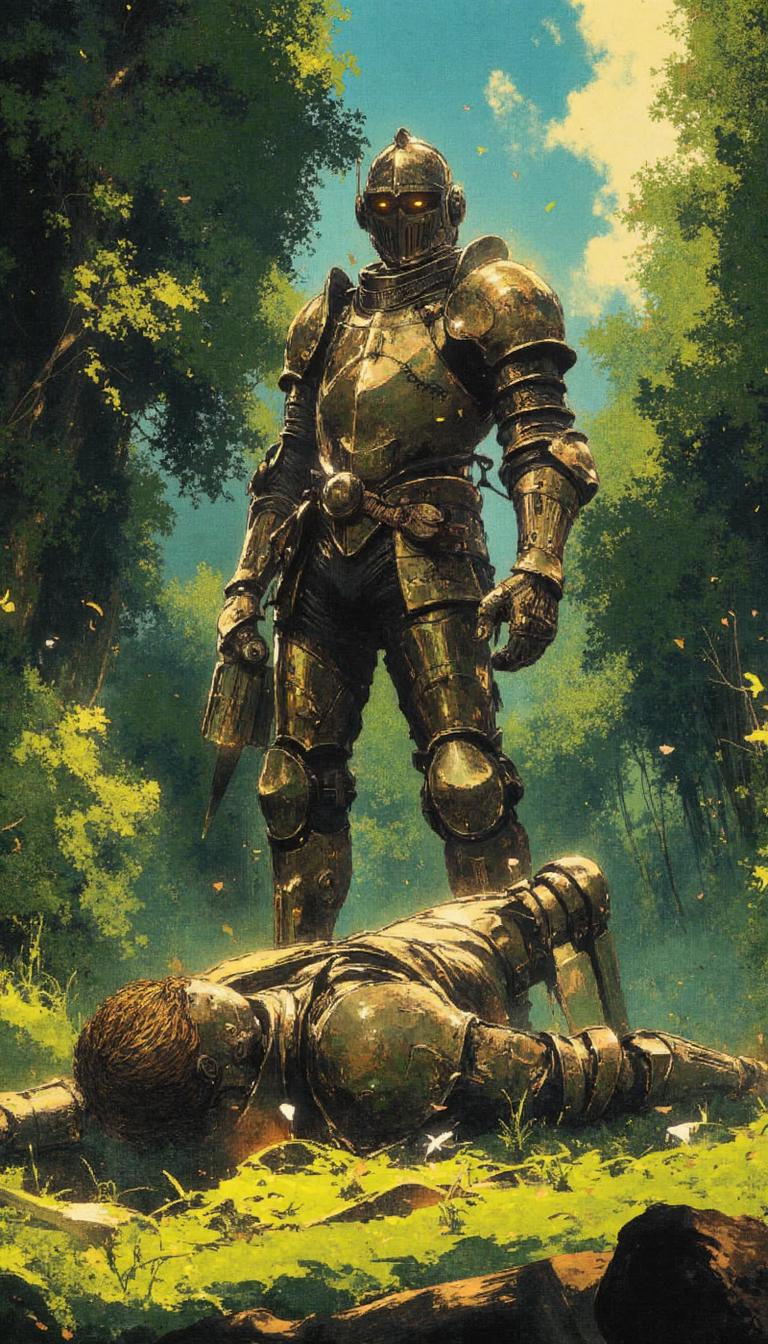 crayon,glow, Two individuals garbed in meticulously crafted full plate armor, locked in a chivalric duel upon a verdant sward.  Sunlight, unobscured by celestial vicissitudes, bathes the scene in a naturalistic effulgence, emphasizing the metallic sheen of their accoutrements. The victor, captured in a dynamic three-quarter pose, stands triumphant, his polished breastplate and articulated gauntlets glinting beneath the celestial orb. His vanquished foe lies prostrate, his form sprawled upon the verdant carpet, a testament to the victor's martial prowess. Employ a shallow depth of field, blurring the sylvan backdrop into an impressionistic tapestry of emerald and jade hues, drawing the viewer's gaze to the stark drama of the foreground tableau.  The absence of visible visages beneath the polished helms allows for an evocation of timeless valor and the universality of martial struggle.